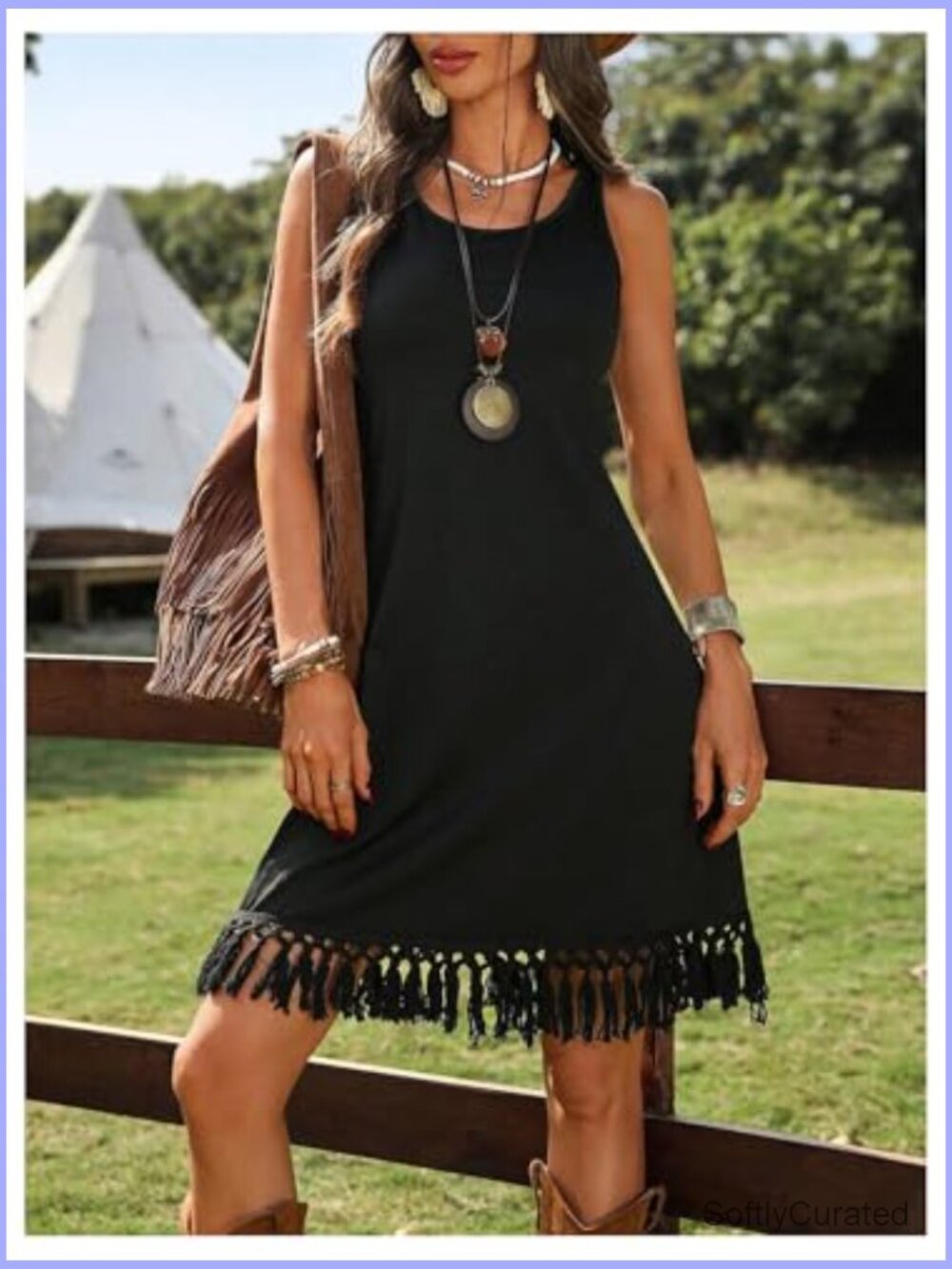 Western Fringe Tank Dress Cowgirl Style Sleeveless Casual Summer Dress - Picture 3 of 5